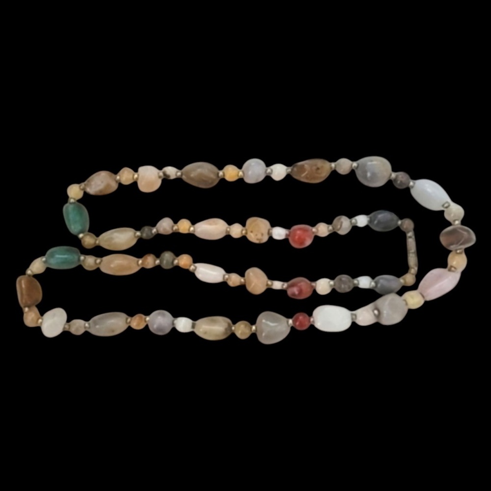 AGATE MULTI-STONE POLISHED w BRONZE BEADED NECKLACE 32 in